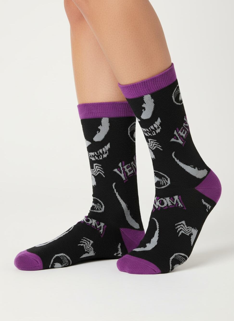 Marvel Venom Themed Crew Socks Black Purple Size 6-13 Comic Book Streetwear